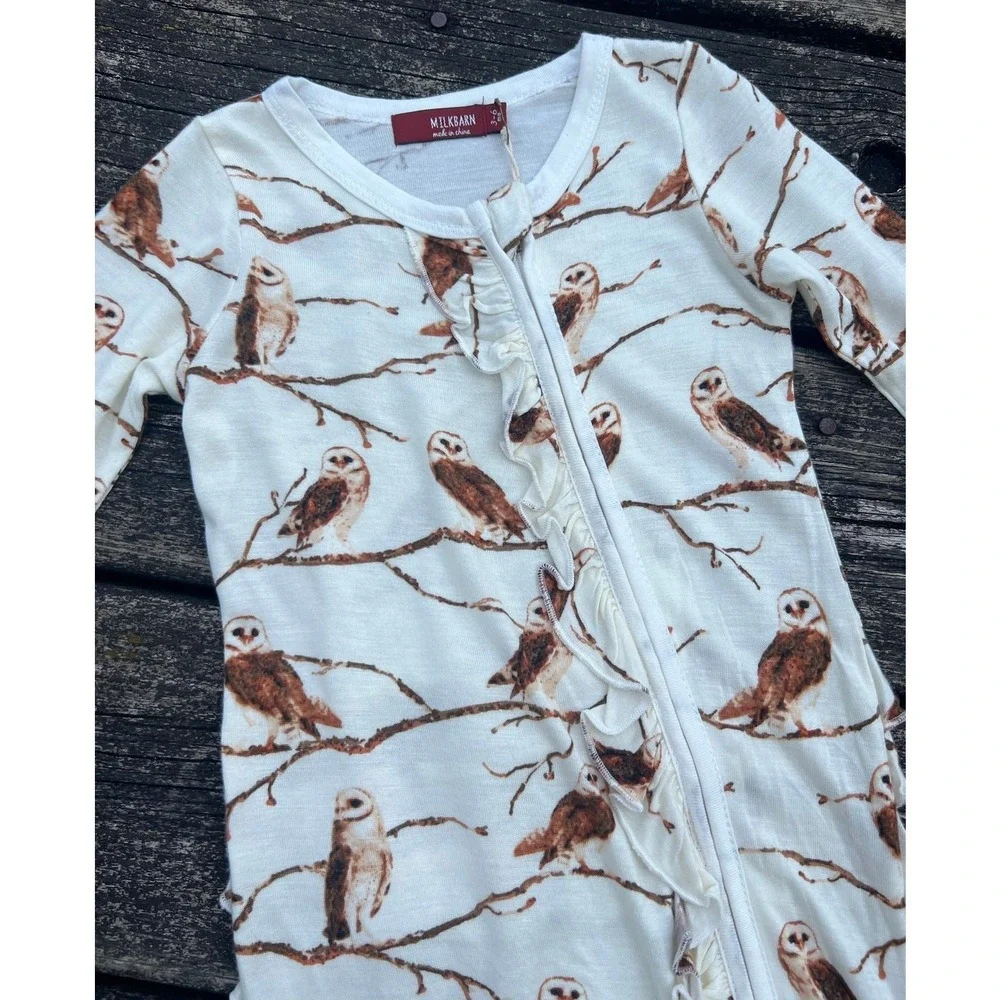 MilkBarn‎ Baby Ruffle Footie Pajamas 3-6 Months Owl Print Long Sleeve Zipper